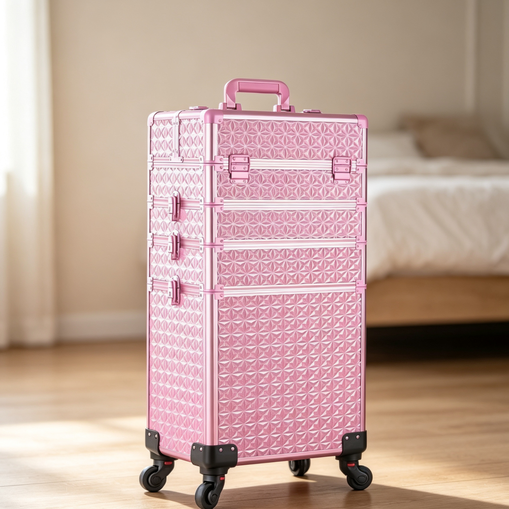 All Pink 5-in-1 Aluminum Rolling Makeup Train Case 360? Wheels - Image 2