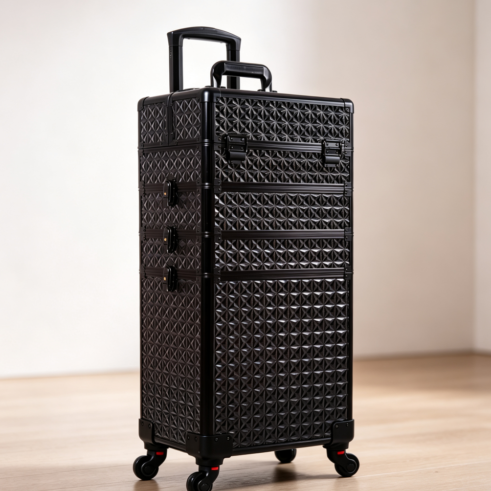 Black 5-in-1 Aluminum Rolling Makeup Travel Case 360? Wheels - Image 2