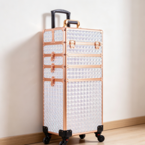 White & Gold 5-in-1 Aluminum Rolling Makeup Case 360? Wheels
