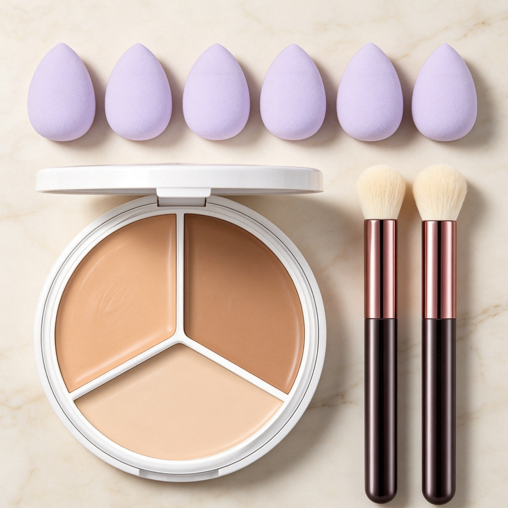 2-Piece Tricolor Concealer Palette with Brush for Mature Skin - Image 2