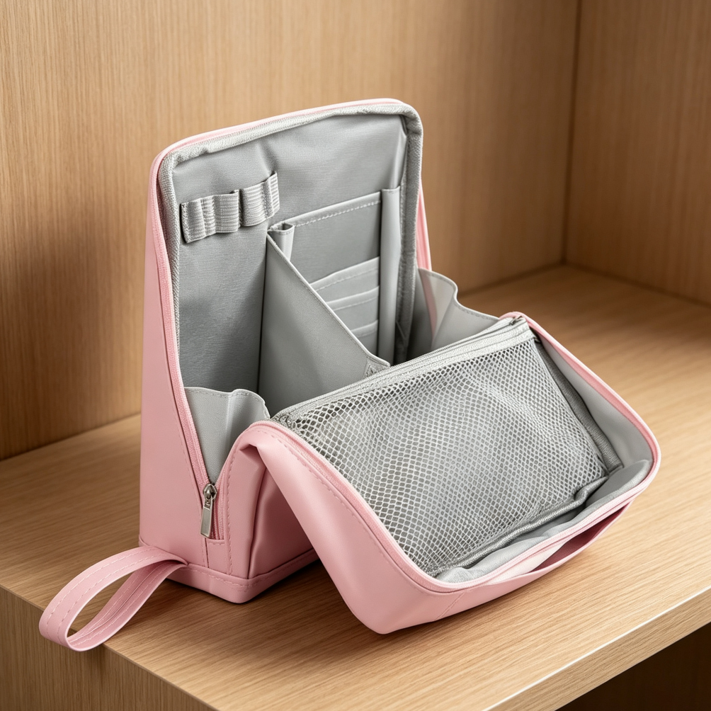Standing Foldable Cosmetic Case with Brush Storage Pink - Image 2
