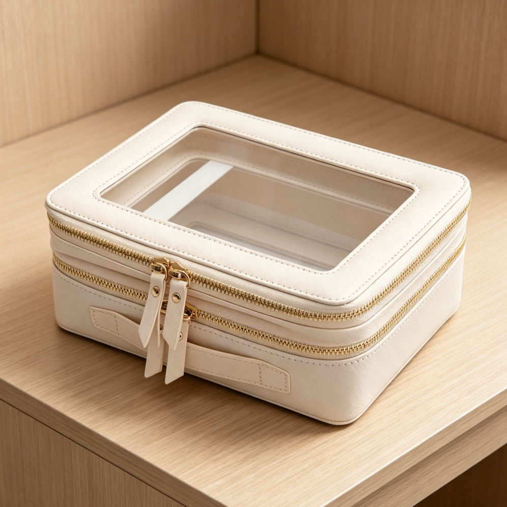 Clear Double Layer Cosmetic Case with Separate Brush Compartment Large White - Image 2