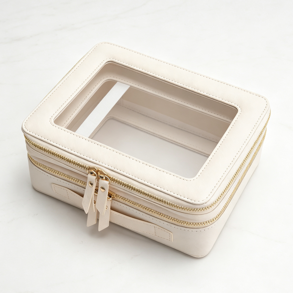 Clear Double Layer Cosmetic Case with Separate Brush Compartment Large White