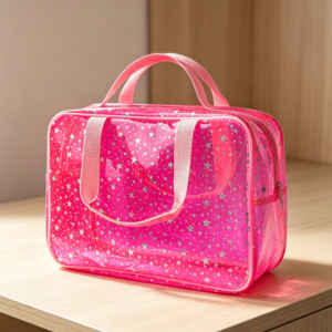 Hot Pink Star Large Cosmetic Pouch with Handle 12x5x8