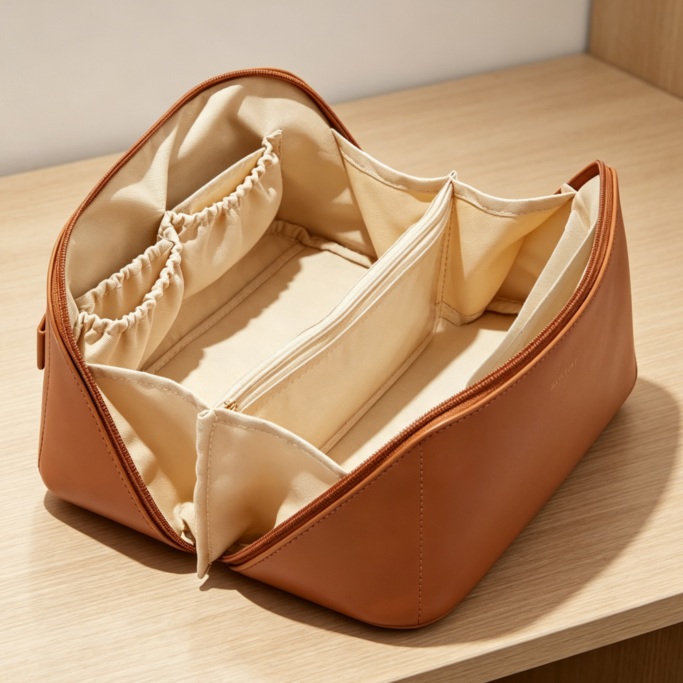 Brown PU Leather Travel Makeup Bag with Clear Brush Compartment Medium - Image 2