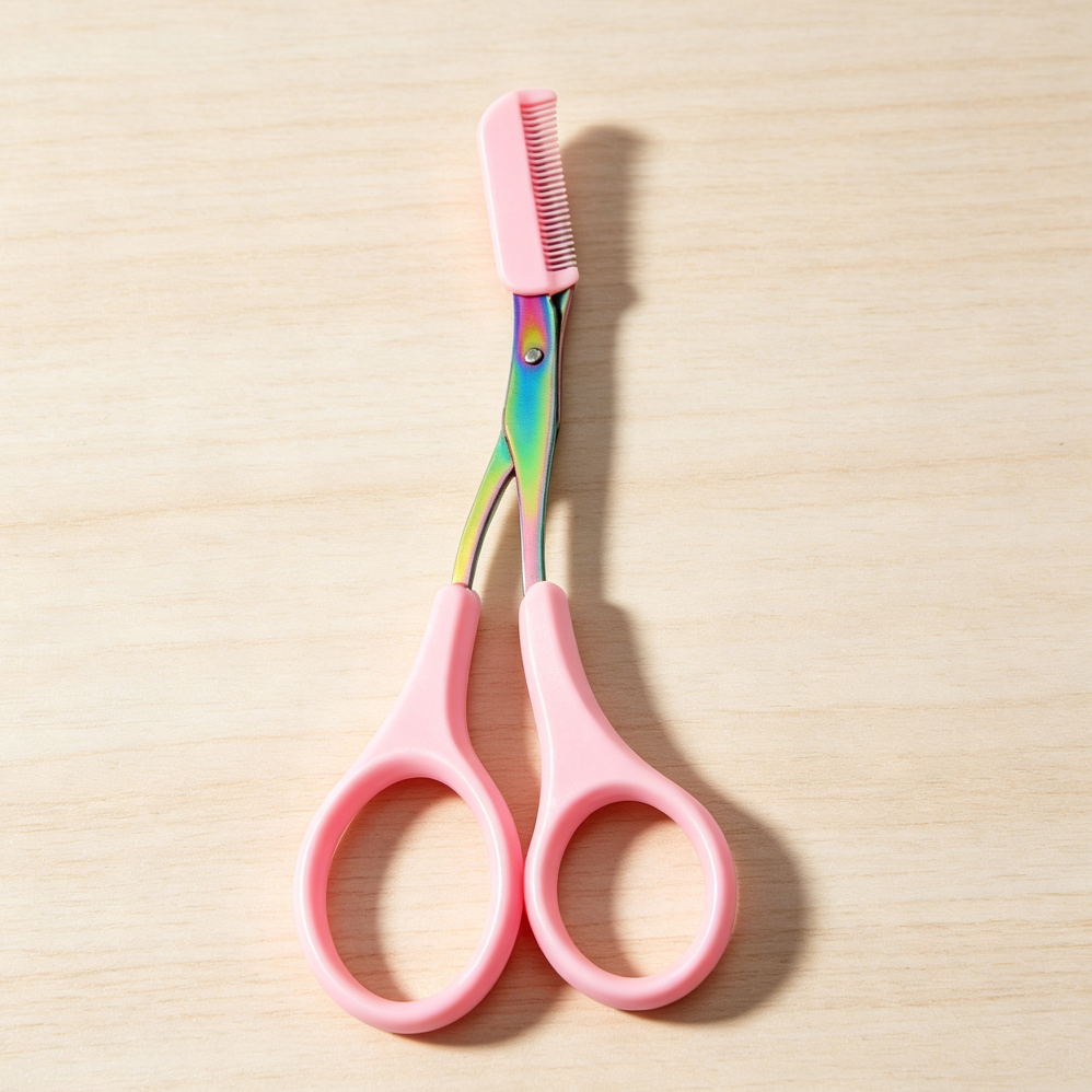 Pink Non-Slip Stainless Steel Eyebrow Scissors with Comb
