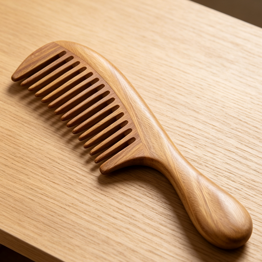 Natural Green Sandalwood Wide Tooth Anti-Static Wooden Comb - Image 2