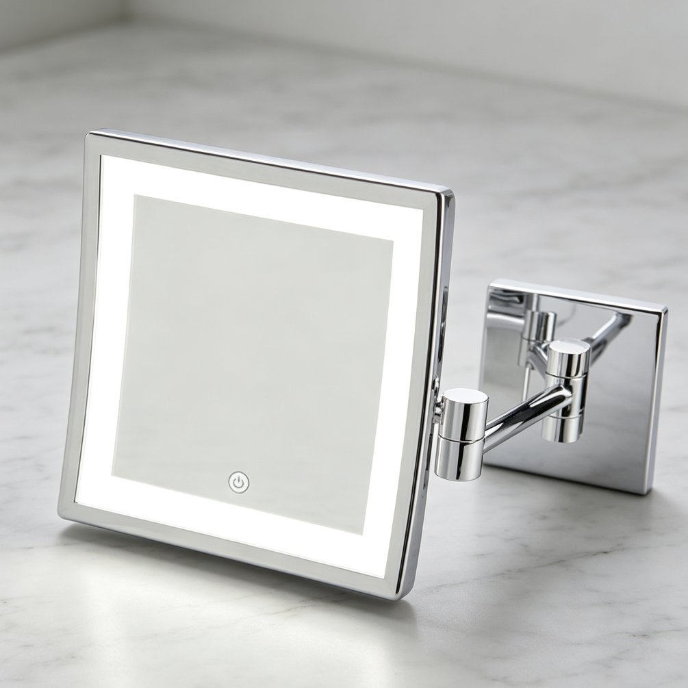 Polished Chrome 8"x8" Wall-Mounted Lighted Mirror, 5X - Image 2