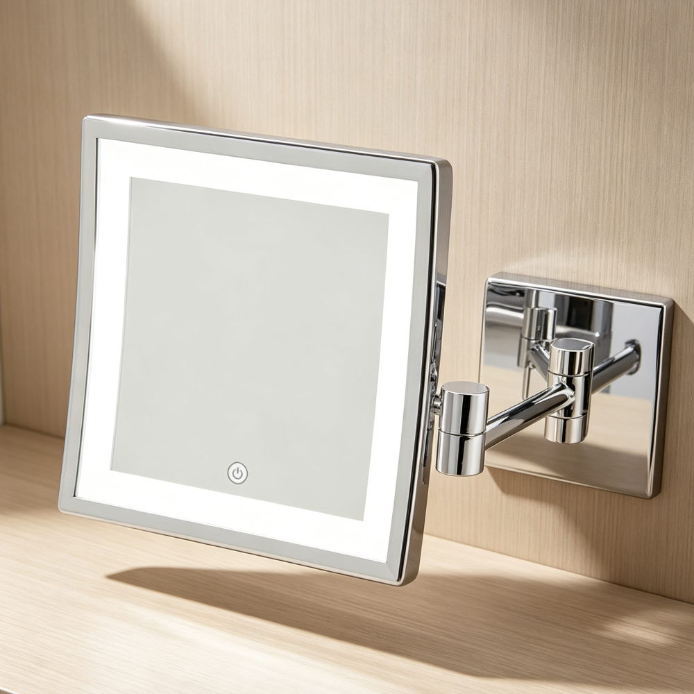 Polished Chrome 8"x8" Wall-Mounted Lighted Mirror, 5X