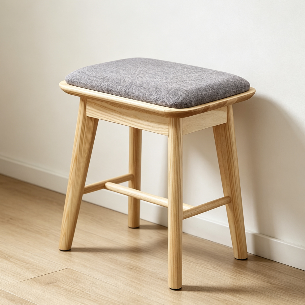 Small Beige Solid Wood Pouffe and Makeup Footstool - Image 2