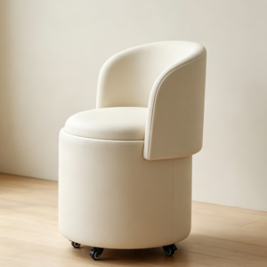 White Rolling Makeup Vanity Stool with Foldable Back Storage