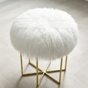 White Mongolian Fur Ottoman on Gold Stainless Steel Frame