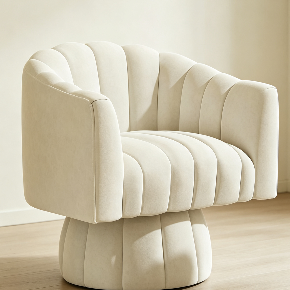 Beige Mid-Century 360?? Swivel Round Velvet Barrel Chair