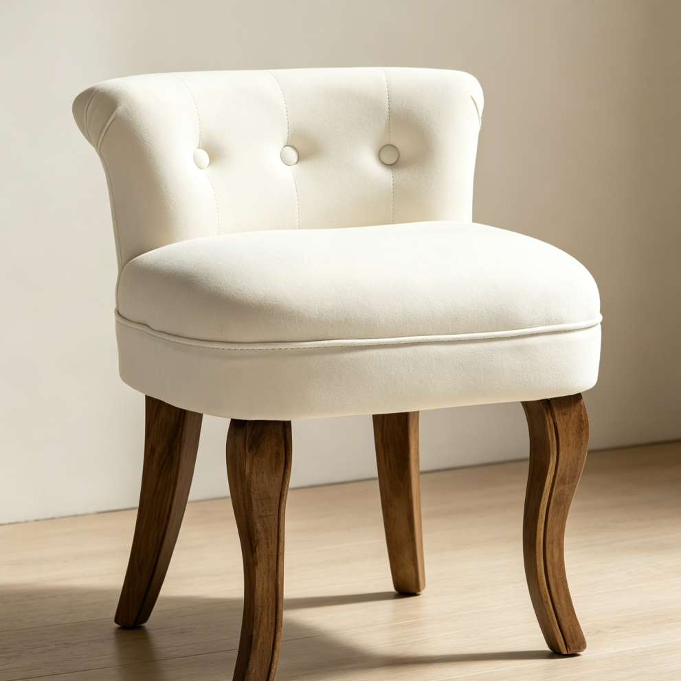 Ivory Velvet Low Back Vanity Stool with Solid Wood Legs