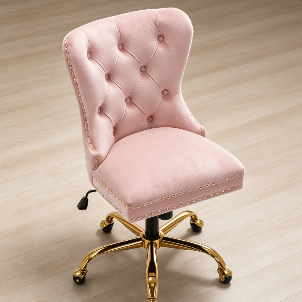 Pink Tufted Velvet Adjustable Swivel Desk Chair, Gold Base - Image 2