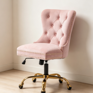 Pink Tufted Velvet Adjustable Swivel Desk Chair, Gold Base