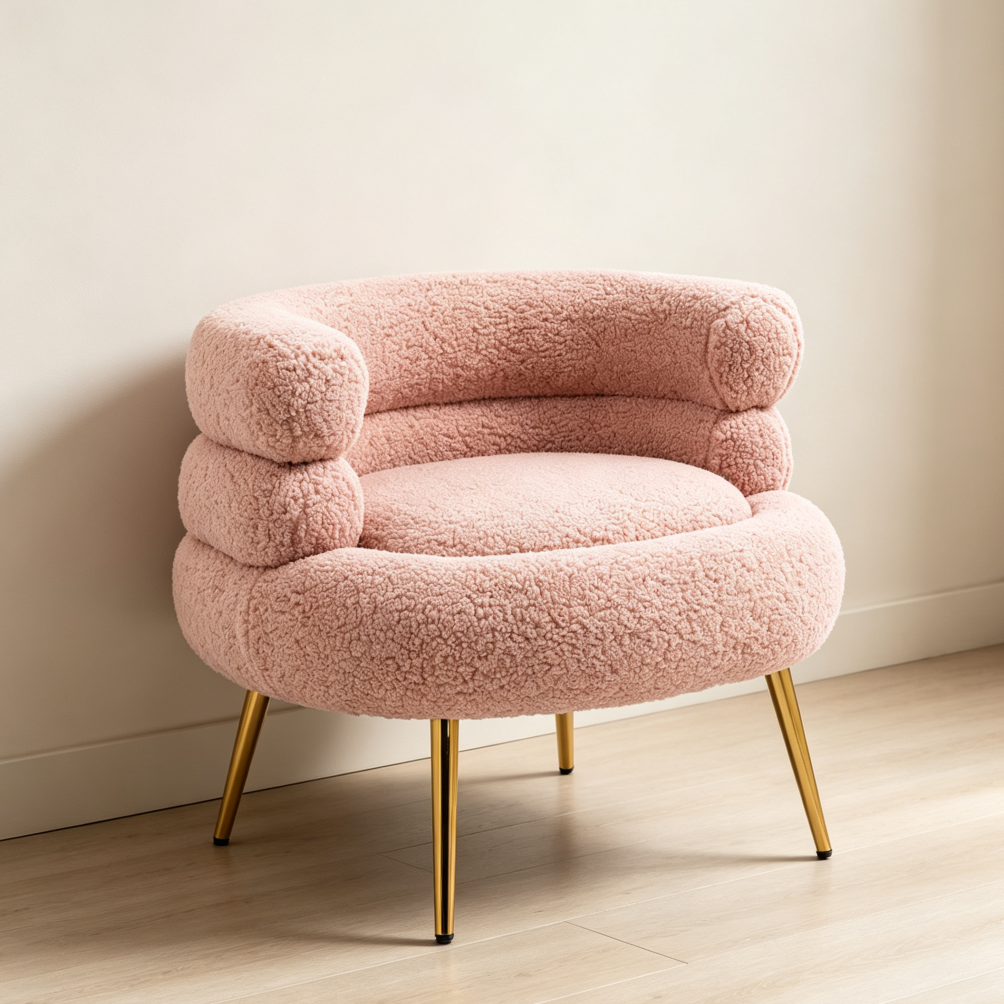 Pink Modern Lambhair Accent Chair with Gold Metal Legs - Image 2