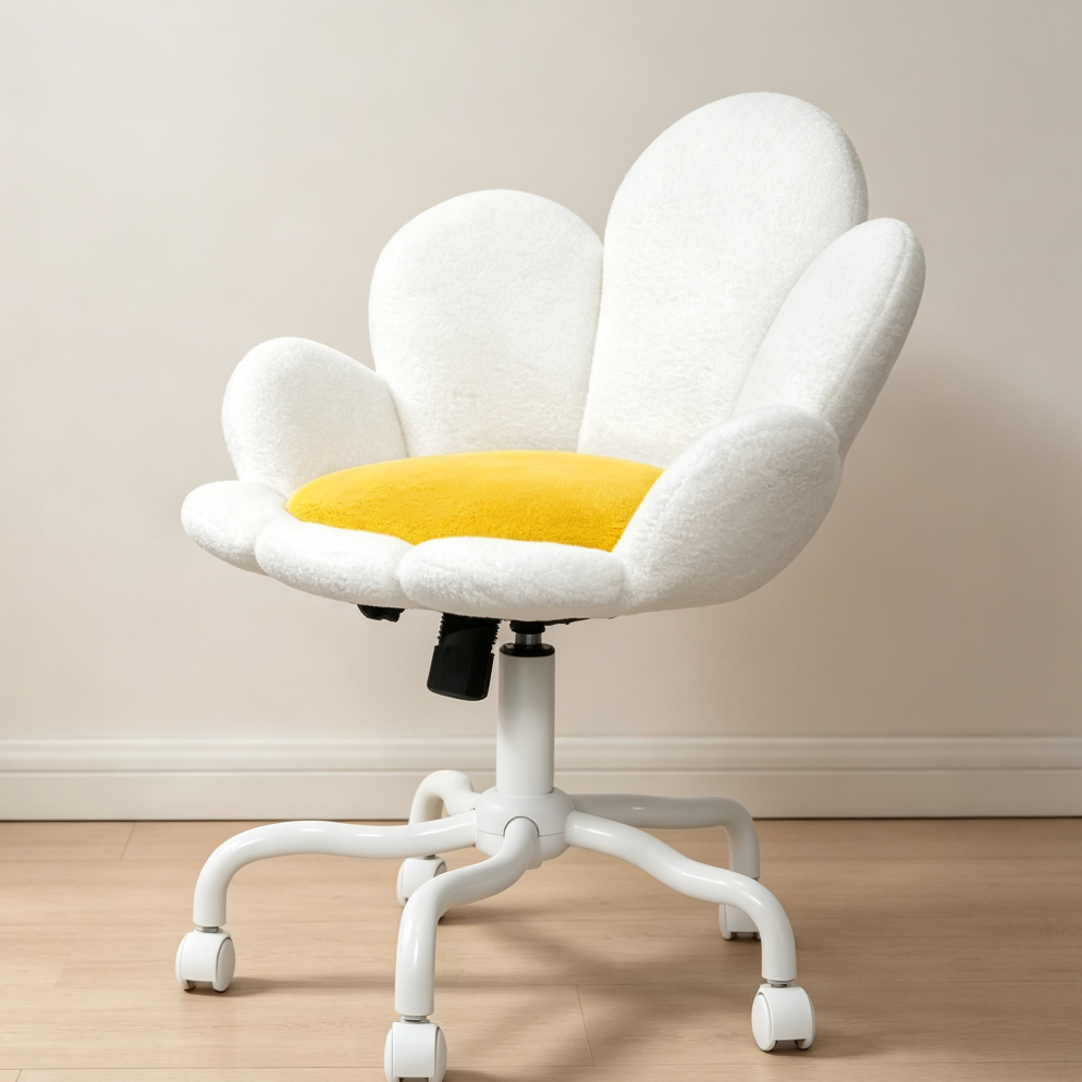 White Fuzzy Daisy Flower Rolling Height-Adjustable Vanity Chair - Image 2