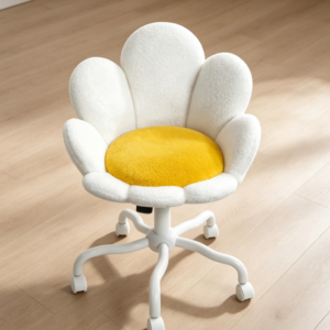 White Fuzzy Daisy Flower Rolling Height-Adjustable Vanity Chair