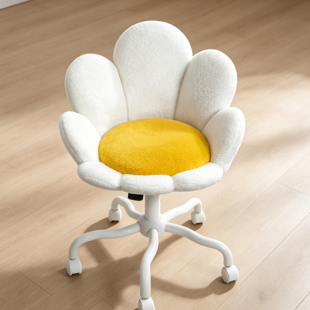 White Fuzzy Daisy Flower Rolling Height-Adjustable Vanity Chair