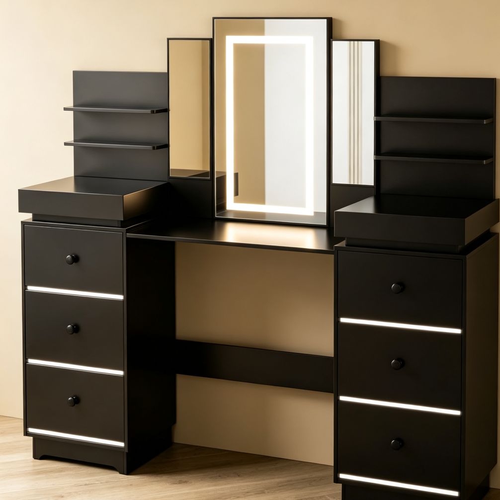 Black 57" Vanity Desk with Lighted Mirror, 14 Drawers & 3 Lighting Modes - Image 2