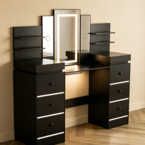 Black 57" Vanity Desk with Lighted Mirror, 14 Drawers & 3 Lighting Modes