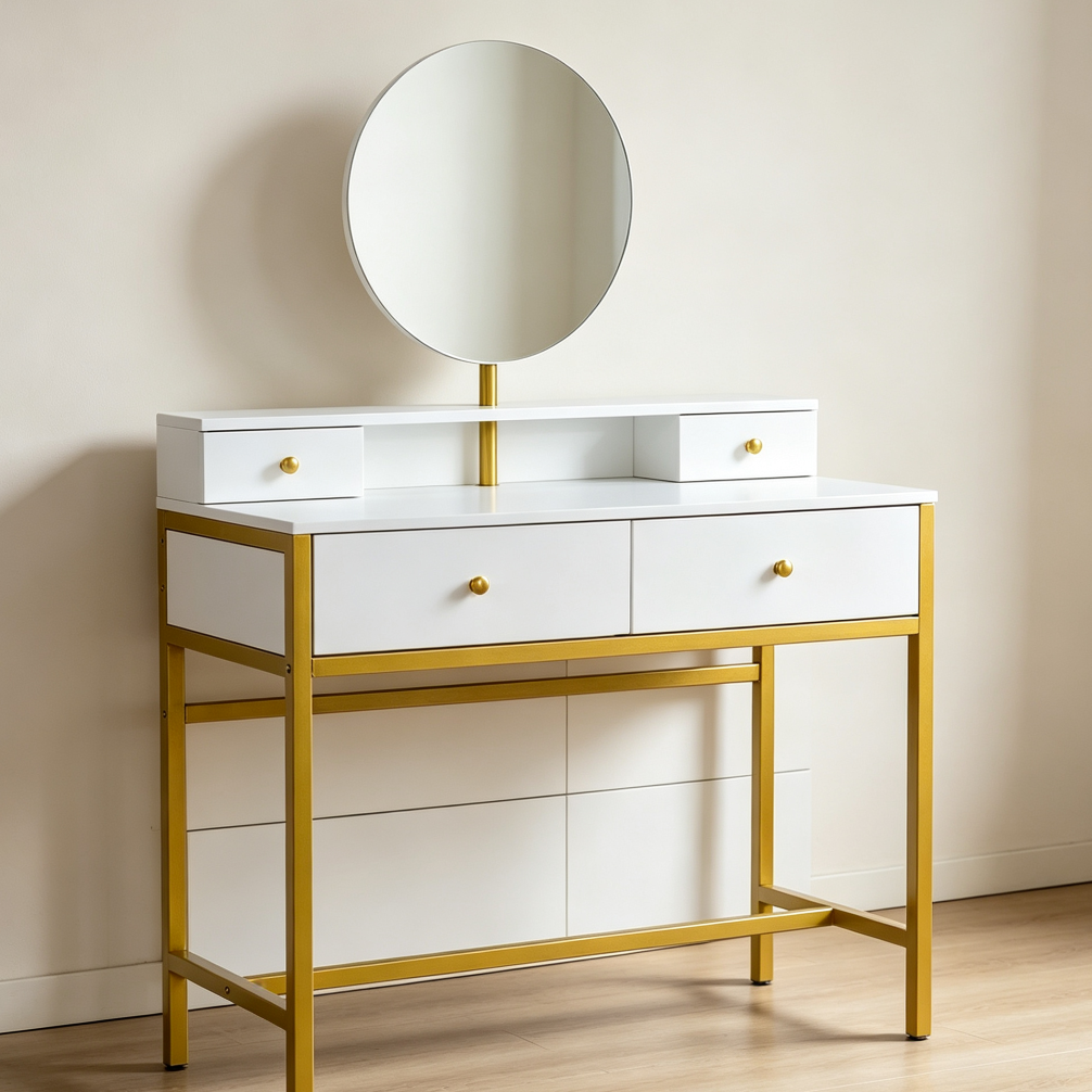 White Dressing Table Desk with 4 Drawers and Stool 100x45x76cm - Image 2