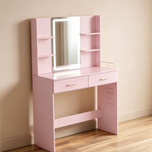 Pink Vanity Set with Lighted Mirror, Stool, Power Outlet & 2 Drawers