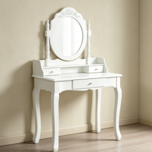 White Wooden Makeup Dresser with Stool and 3 Drawers