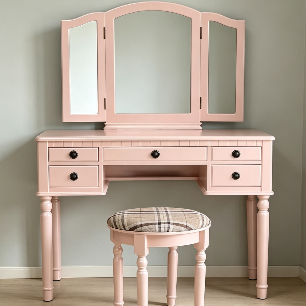 Roman Column Dressing Table with Three-Fold Mirror and Stool - Image 2
