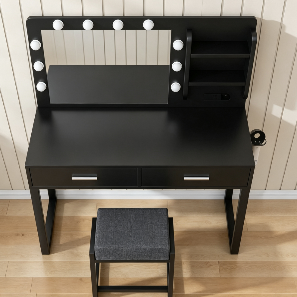 Makeup Vanity Desk with Lights, Mirror, Power Outlet & 2 Drawers - Image 2