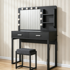 Makeup Vanity Desk with Lights, Mirror, Power Outlet & 2 Drawers