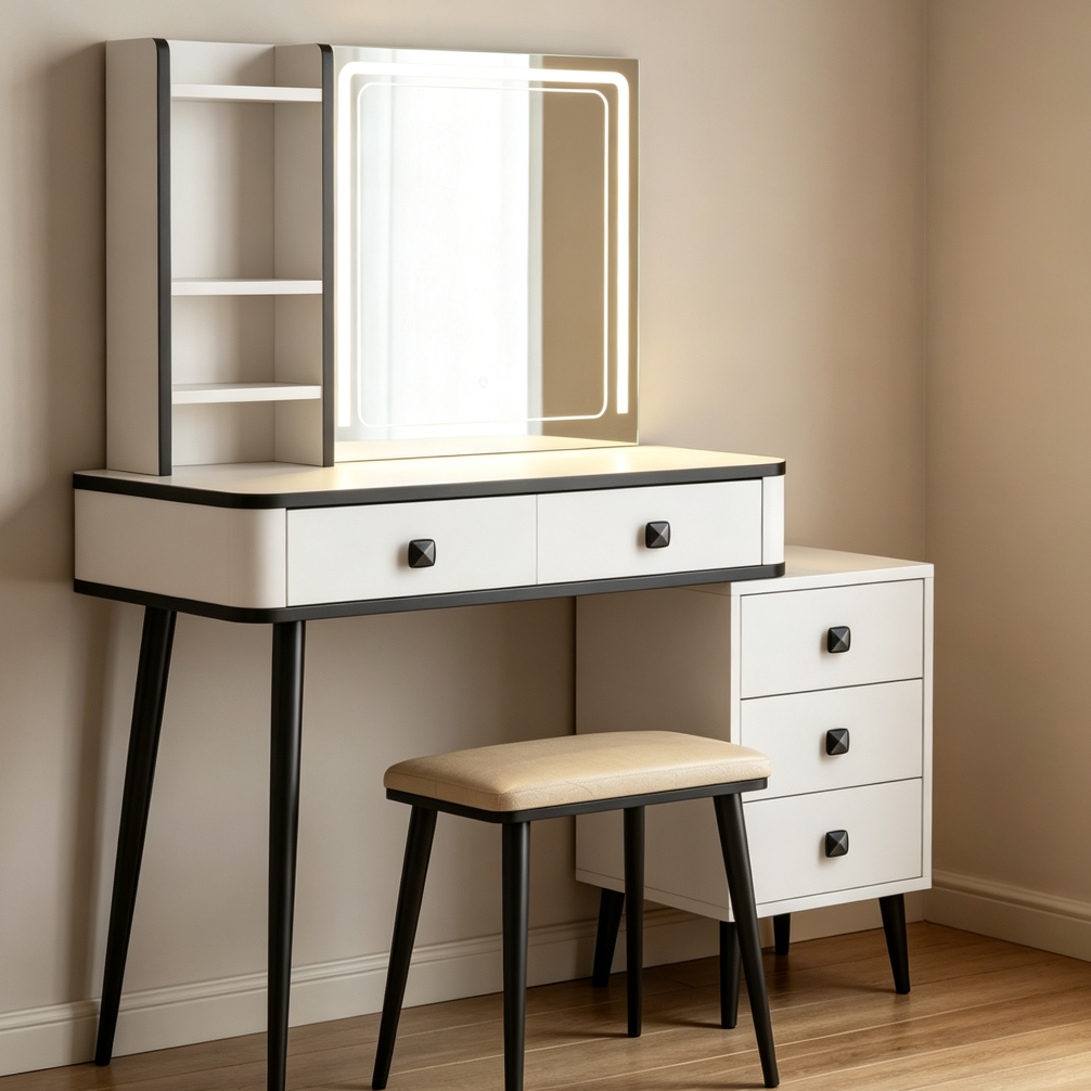 Vanity Table Set with Cushioned Stool, Cabinet, Drawers & Wireless Power - Image 2