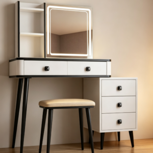Vanity Table Set with Cushioned Stool, Cabinet, Drawers & Wireless Power