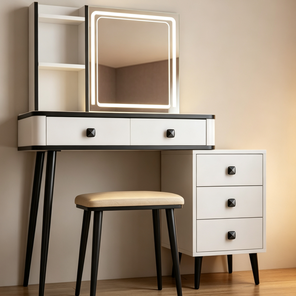 Vanity Table Set with Cushioned Stool, Cabinet, Drawers & Wireless Power