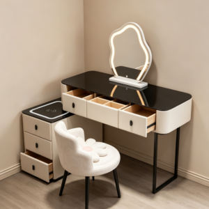 Beige Vanity Desk with Touch Lighted Mirror, 3 Drawers & Charging Station
