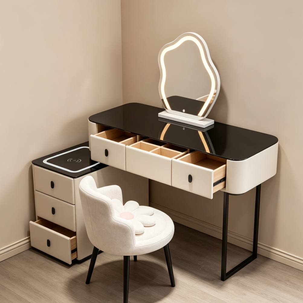 Beige Vanity Desk with Touch Lighted Mirror, 3 Drawers & Charging Station