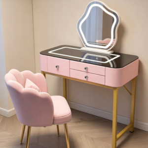 Pink Modern Vanity Desk with LED Mirror, Glass Top, 3 Drawers & Stool