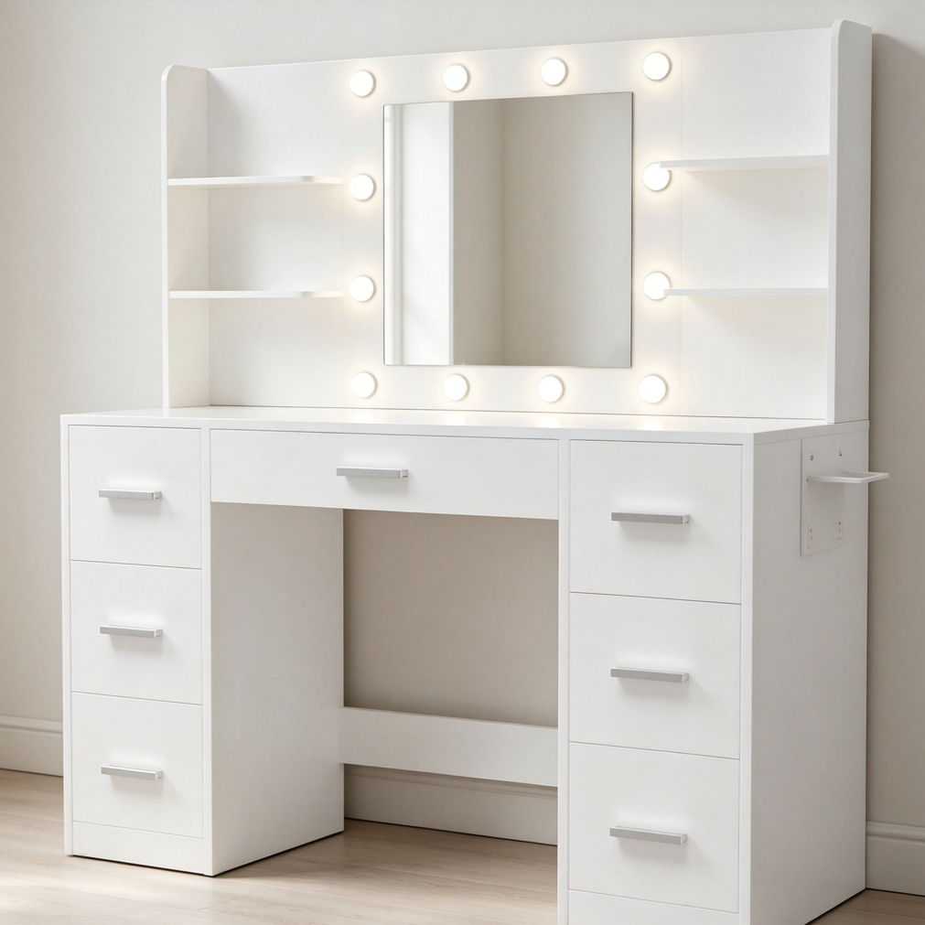 White Vanity Desk with LED Mirror, Power Outlet, 7 Drawers & 6 Shelves - Image 2