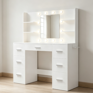 White Vanity Desk with LED Mirror, Power Outlet, 7 Drawers & 6 Shelves