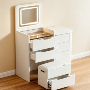 White 3-in-1 Flip Top Vanity Desk with Glass Desktop, 3 Drawers & Stool