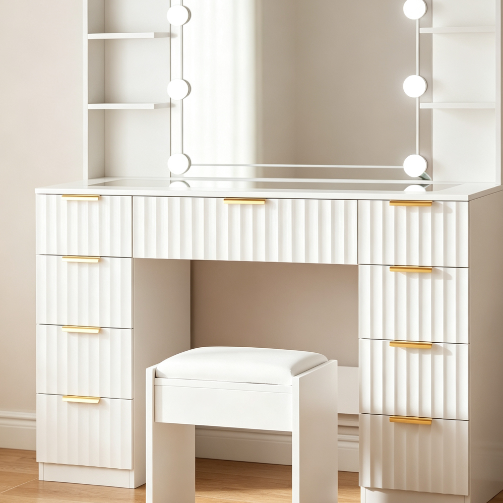 White 43.3" Large Vanity Desk with 9 Drawers, Glass Top & Lights - Image 2