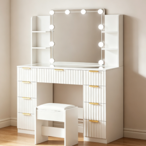 White 43.3" Large Vanity Desk with 9 Drawers, Glass Top & Lights