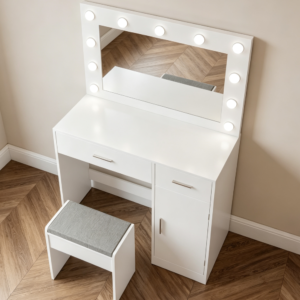 White Vanity Desk with Mirror, Large Drawer, Power Socket & 11 Lights