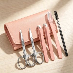 Eyebrow Scissor, Tweezers & Razor Kit in Leather Case