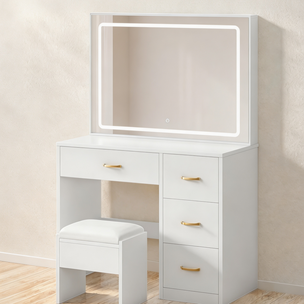 Vanity Set with LED Mirror, Power Strip, 4 Drawers & Vanity Chair