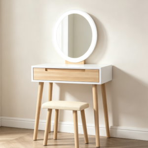 Makeup Vanity Table Set with 3-Mode Lighted Mirror & Cushioned Stool
