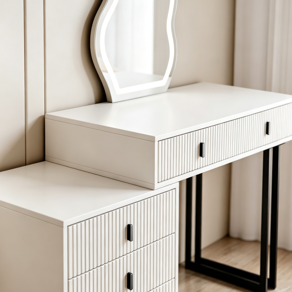 White Small Vanity Desk with Mirror, Lights & 5 Drawers - Image 2