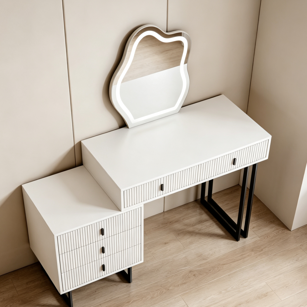 White Small Vanity Desk with Mirror, Lights & 5 Drawers