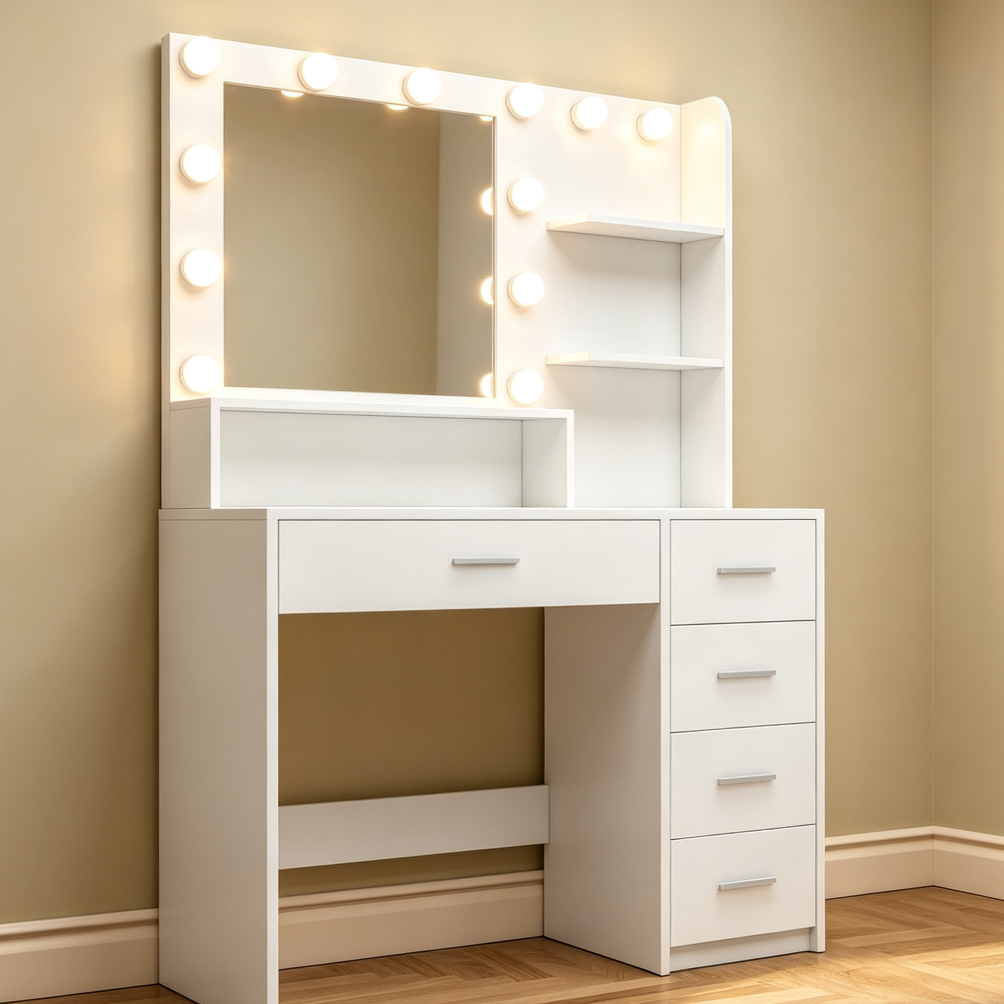 Vanity Desk with Mirror, Lights, 5 Drawers & Storage Shelves 3-Color - Image 2